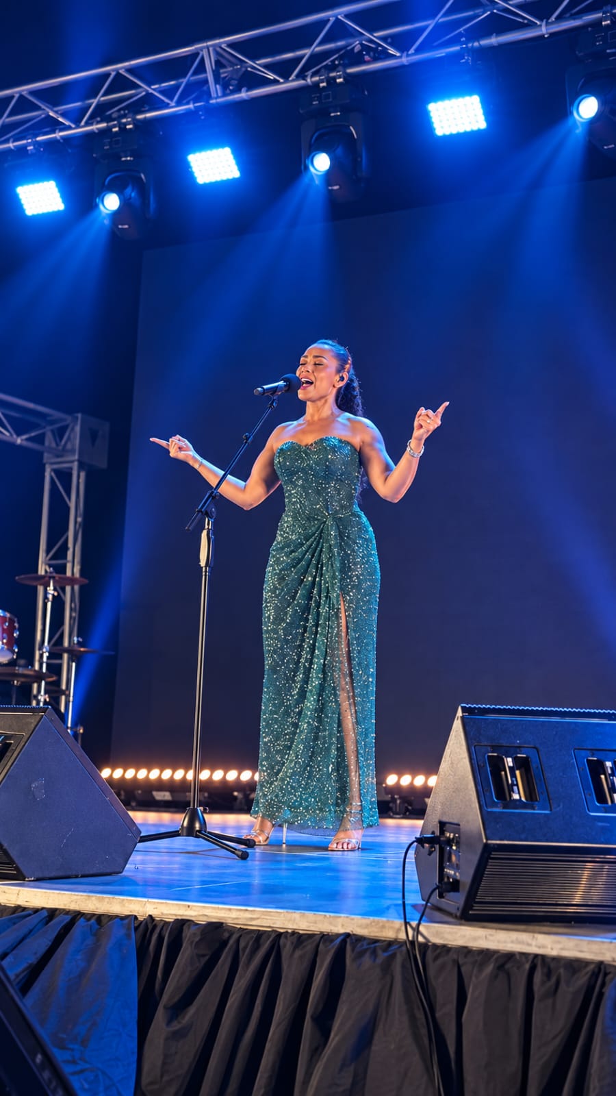 Paulini performing in an emerald gown at Hilton Fiji Beach Resort and Spa